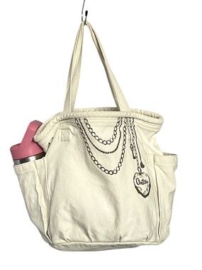 Aritzia Canvas Tote Bag Cream 2 Side Pockets Necklace Chain Heart